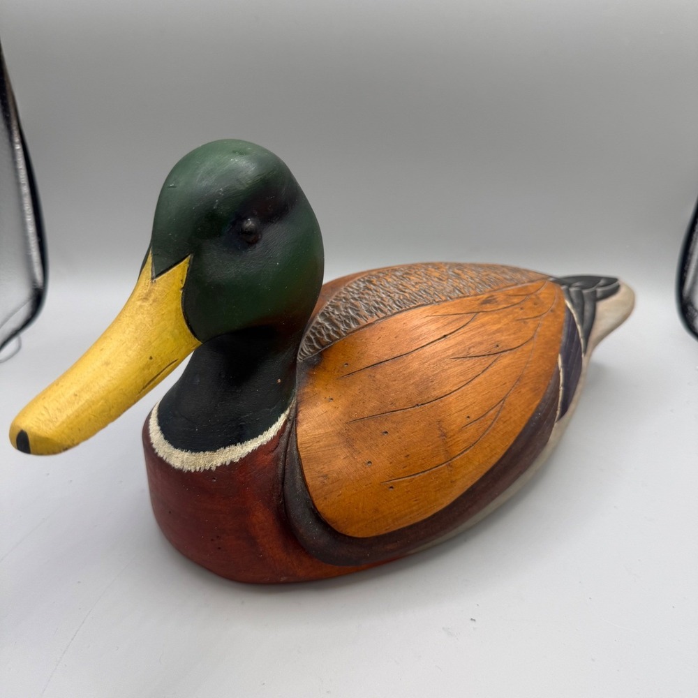 Vintage Hand Carved  Mallard Duck Decoy Wooden Folk Art Gayle Banks 1987 Signed